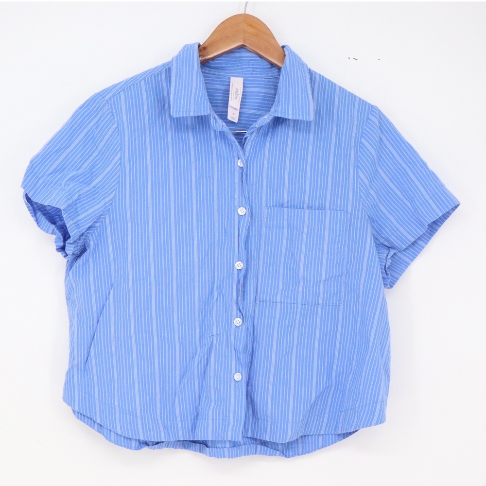 Auden Pajama Top Womens M Short Sleeve Blue Striped Button-down Excellent